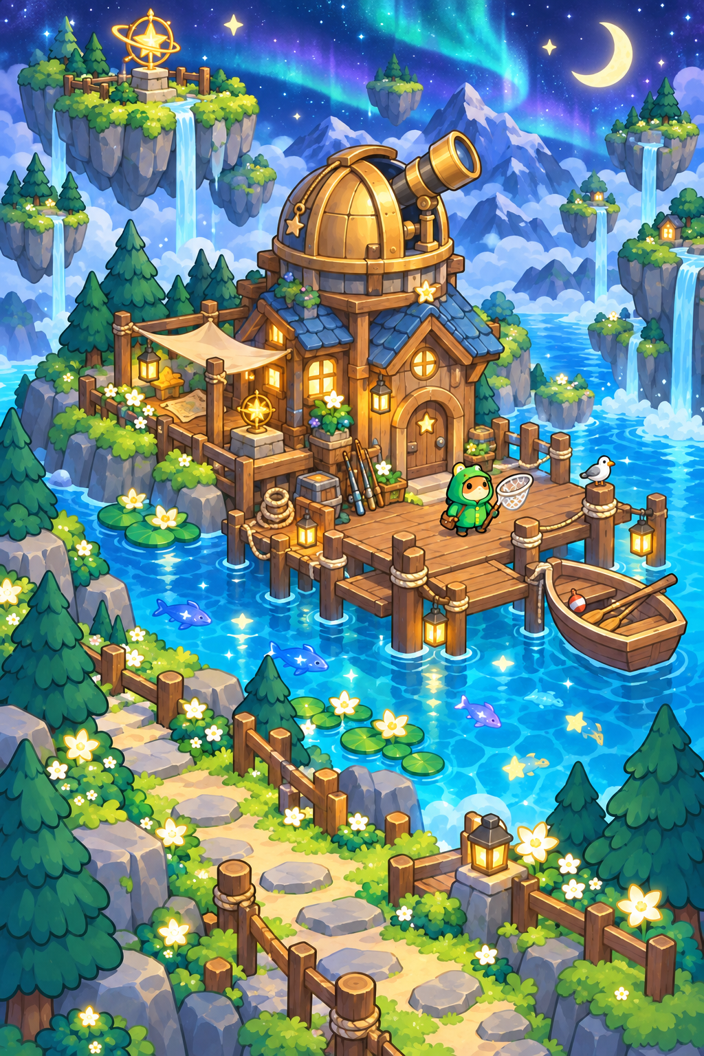 A peaceful reservoir beneath an aurora