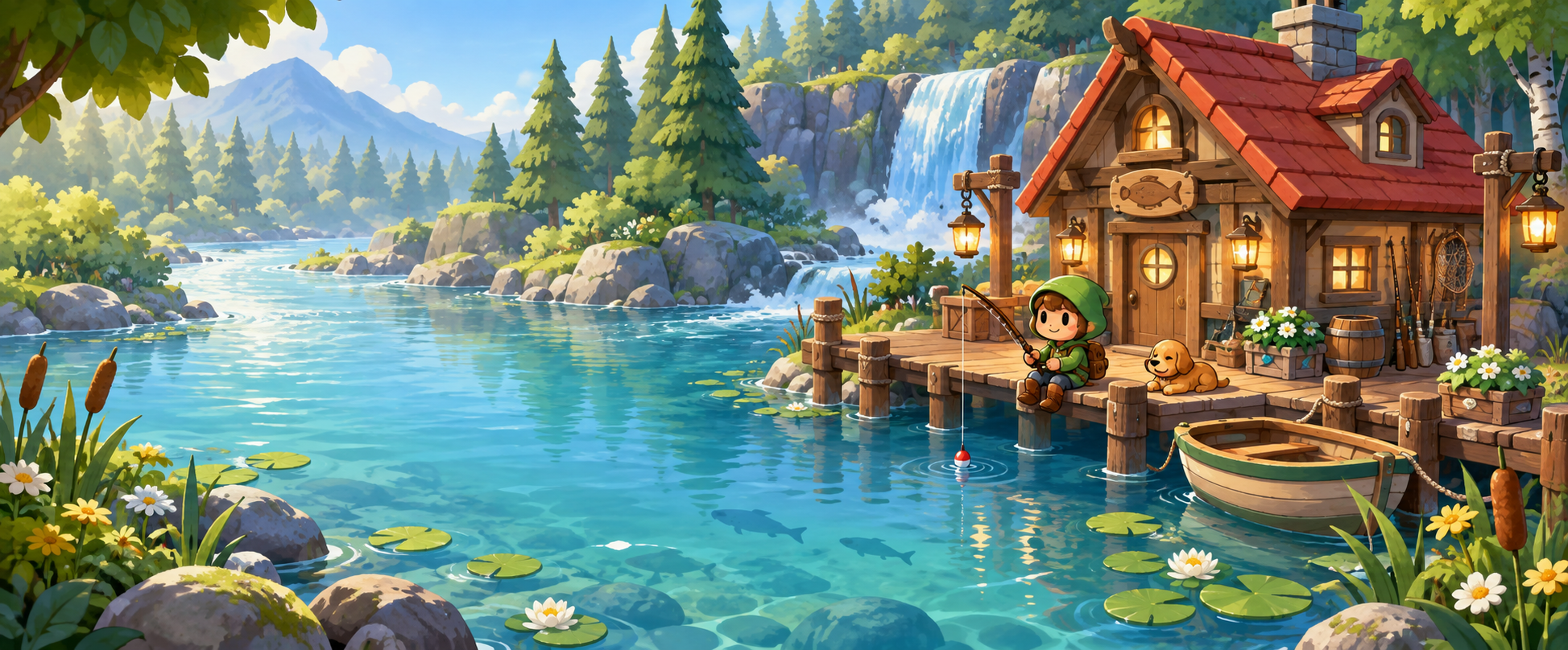 A cozy fishing lodge beside a bright forest lake