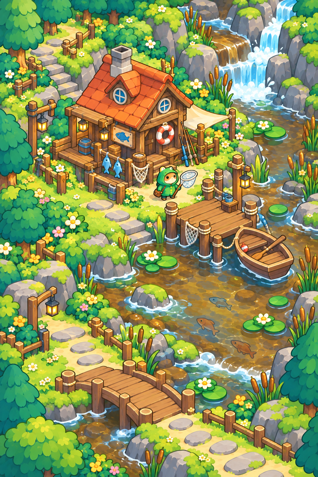 Mossy Creek fishing lodge and waterfall