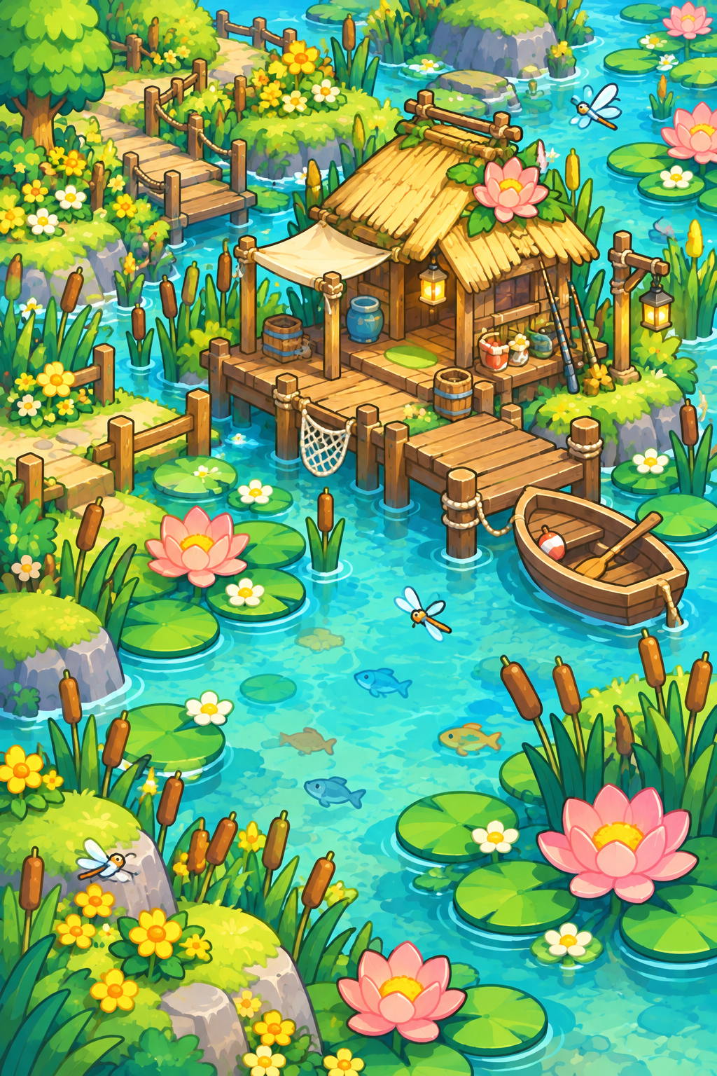 Sunpetal Marsh with lily pads and a wooden hut